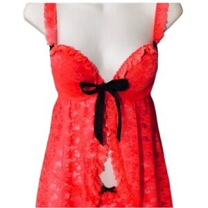 La Senza Hot Coral Padded Push Up Bra Lace Babydoll Lingerie w/Panties S